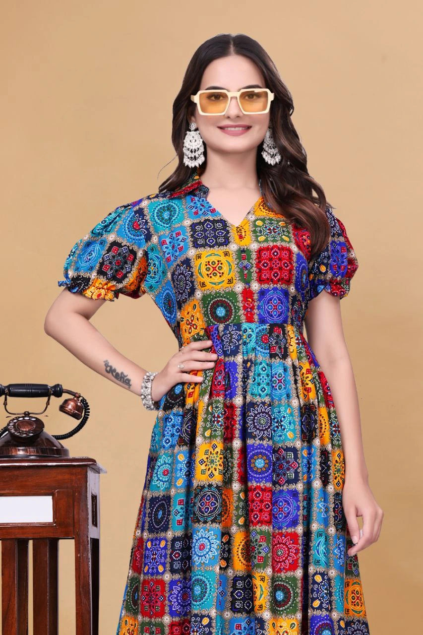 Multicolour Digital Printed Rayon Dress Kalyanja Fashion
